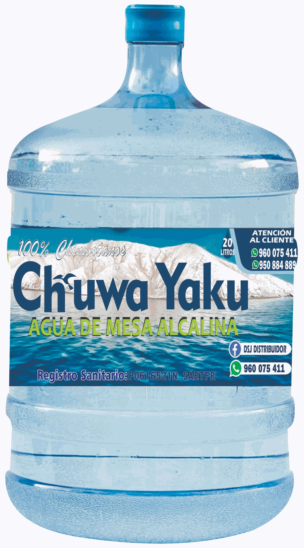 Una botella grande de agua con una tapa azul sobre un fondo blanco.
