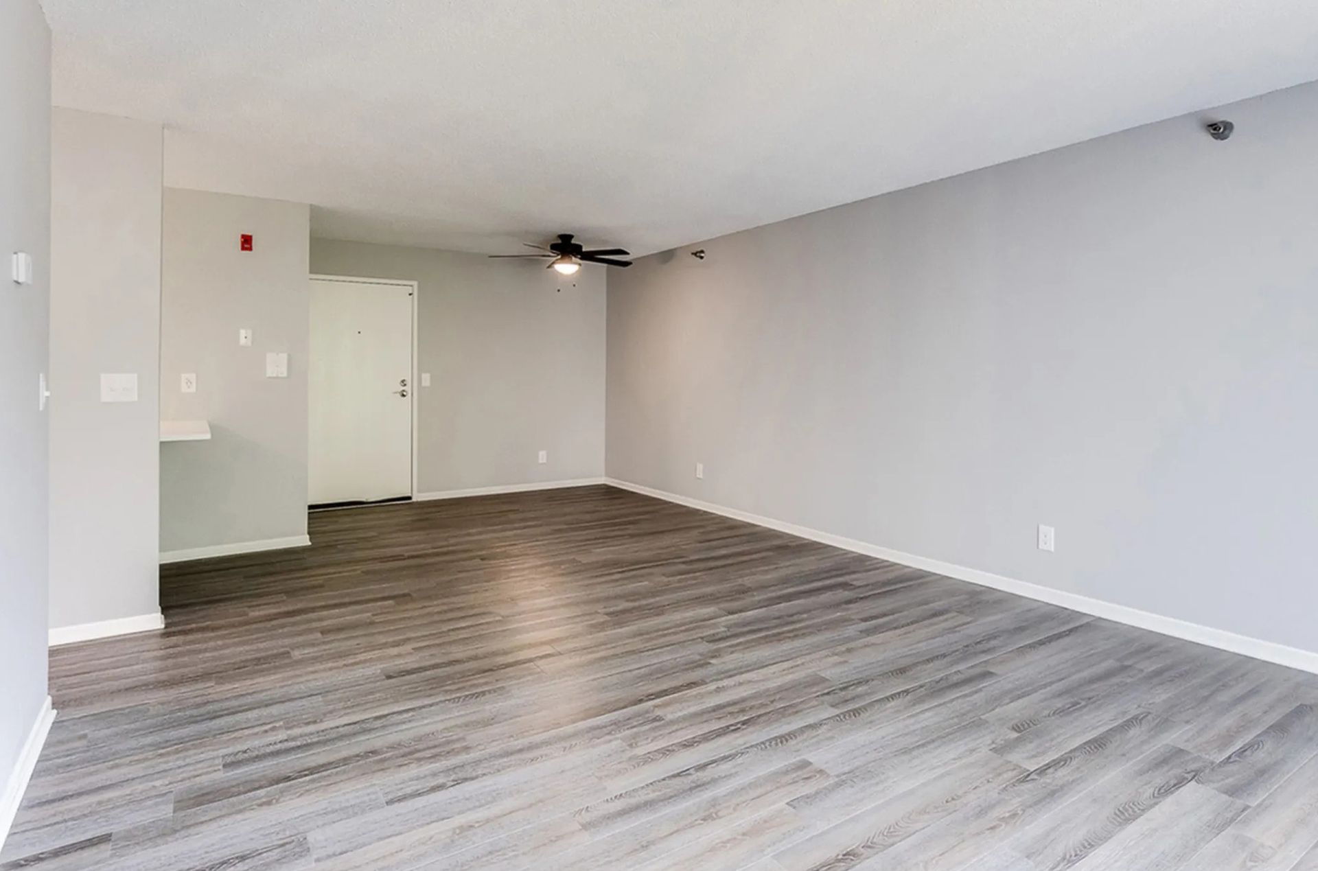 Empty living room with gray walls, wood-look flooring, and a doorway.
