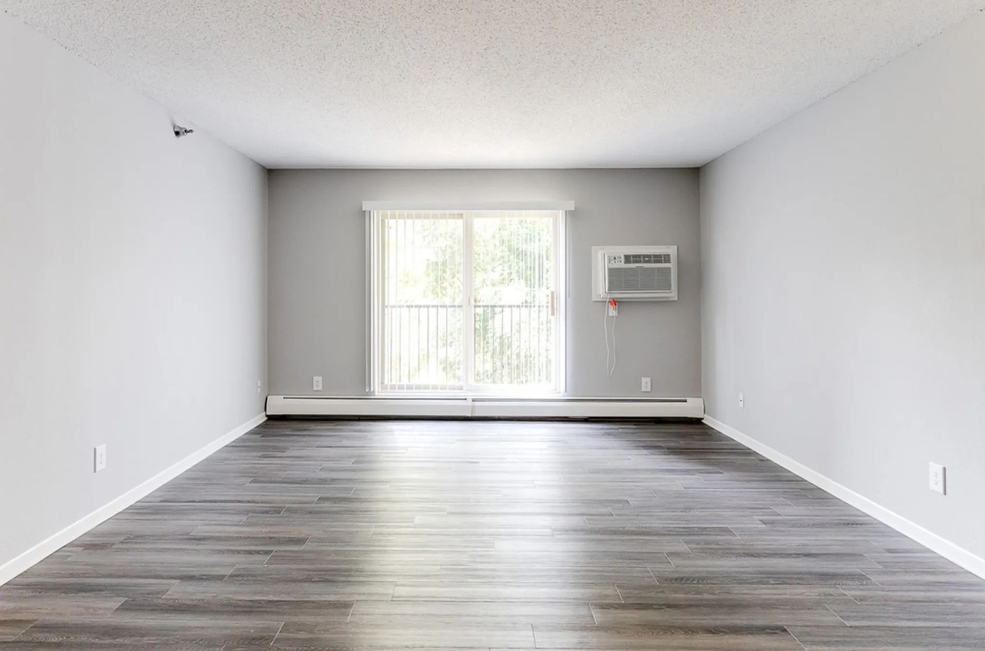 Empty, gray-walled room with wood-look flooring, sliding glass door, and air conditioner.