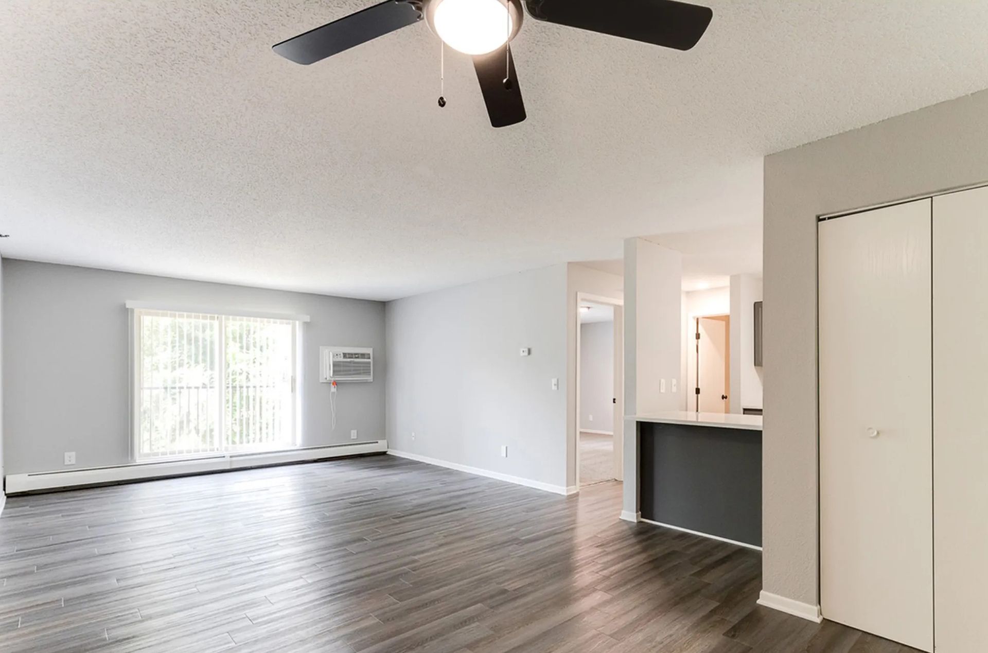 Empty living room with hardwood floors, ceiling fan, and large window. Gray walls, white closet.