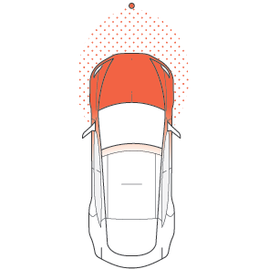 Vista dall'alto di un'auto con il tetto arancione e un alone punteggiato sopra.