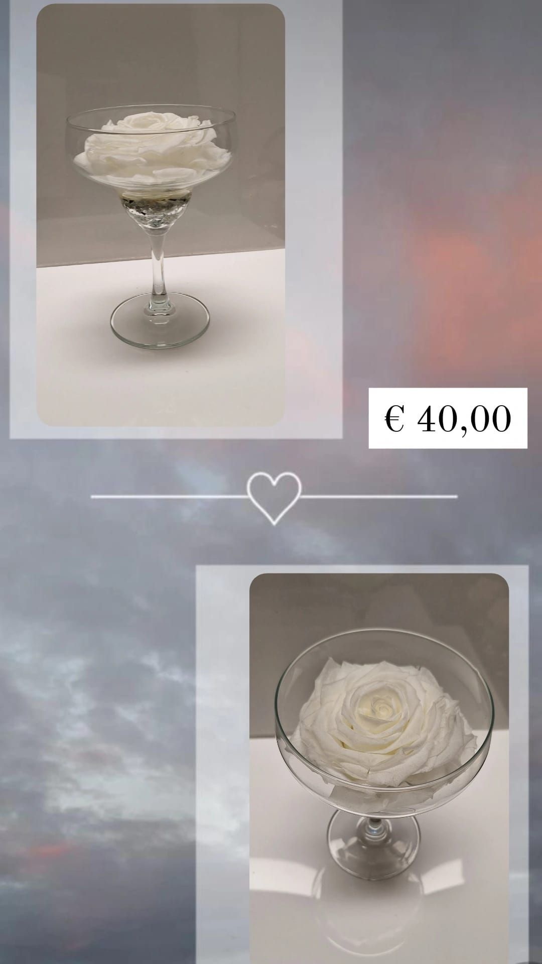 Calice tipo martini con rosa XXL bianca con gel e brillantini