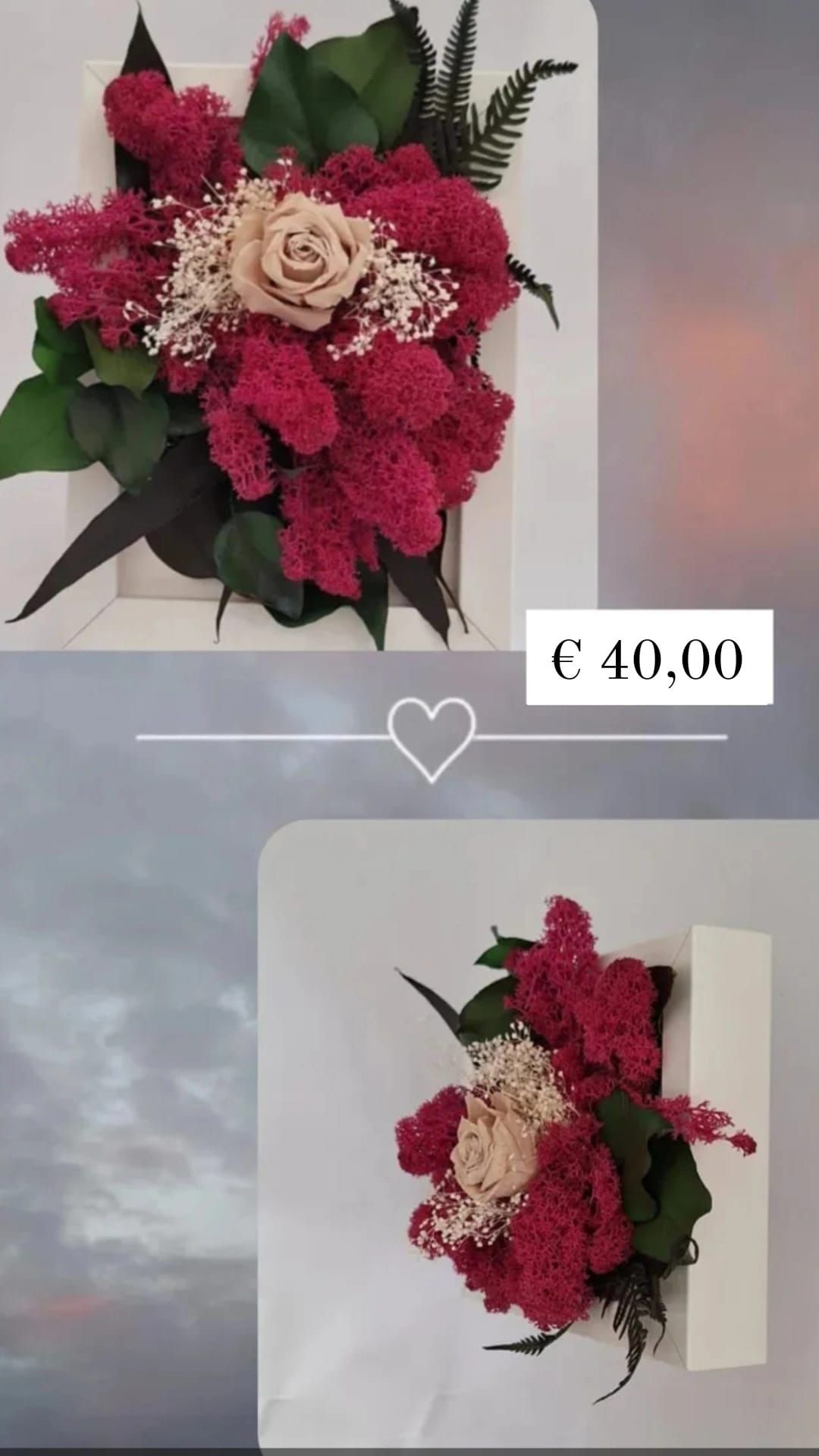 Cornice 15x18 lichene fucsia con rosa champagne, gypsophila foglie di eucalipto e felce