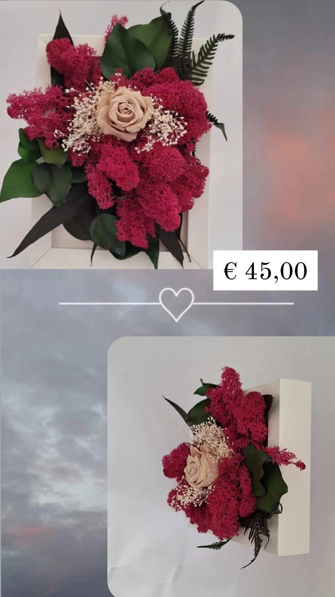 Cornice 15x18 lichene fucsia con rosa champagne, gypsophila foglie di eucalipto e felce