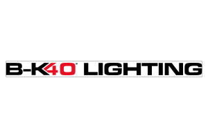 The logo for b-k40 lighting is black and red on a white background.