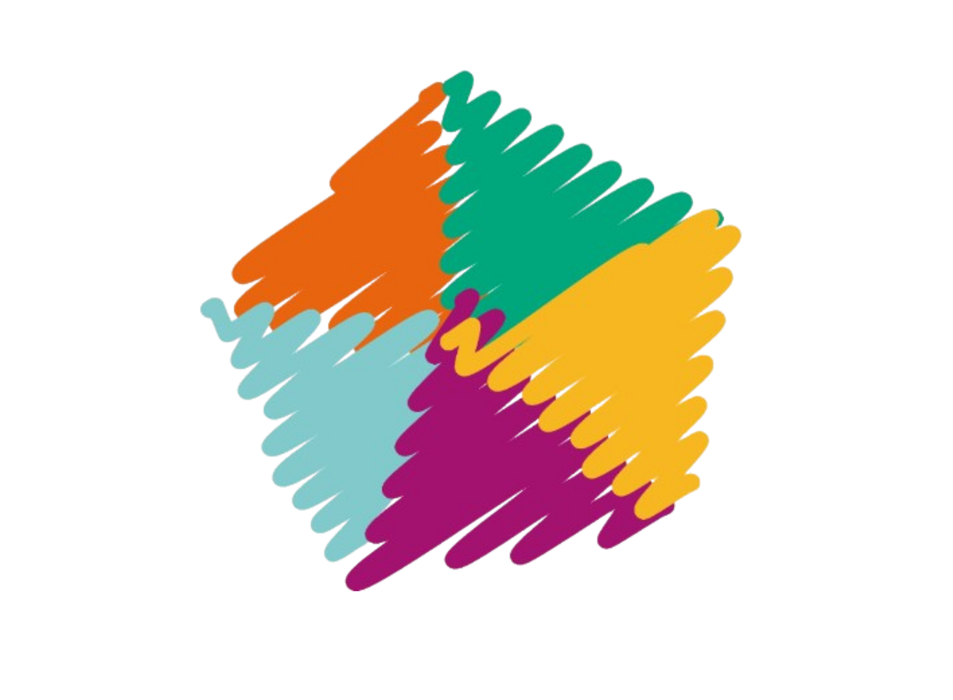 Een kleurrijke, gekrabbelde vijfhoek, samengesteld uit oranje, turquoise, groene, gele en magenta segmenten.