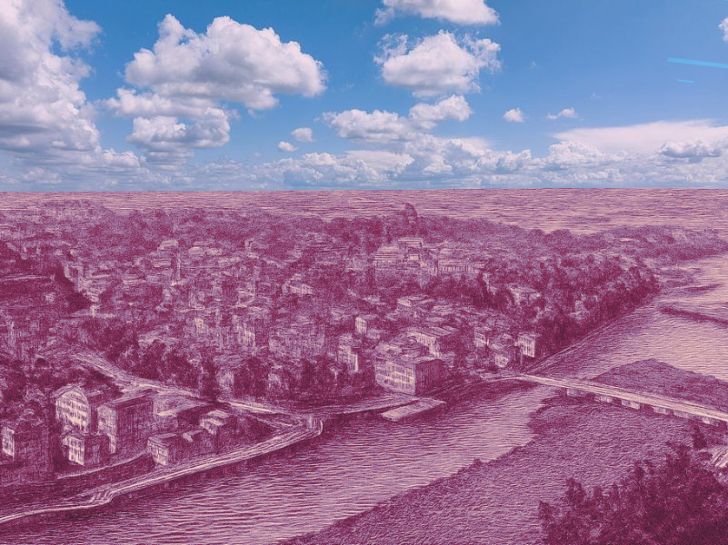 Stadsgezicht in roze tinten met rivier en brug onder een blauwe hemel met wolken.