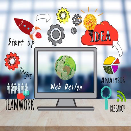 Web design  with creative words surrounding a computer showing start up, idea, target, analysis, research, team work , and  web design