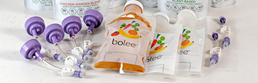 Bolee Bags and Bolink Caps for gravity tube feeding supplies