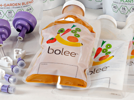 Bolee Bags and Bolink Caps for gravity tube feeding supplies