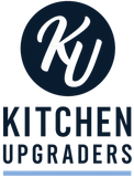 Logo: "KU" initials in white script within a navy blue circle; "Kitchen Upgraders" in navy below a light blue line.