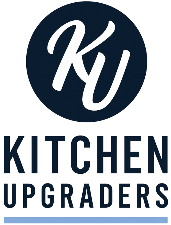Logo: "KU" initials in white script within a navy blue circle; "Kitchen Upgraders" in navy below a light blue line.