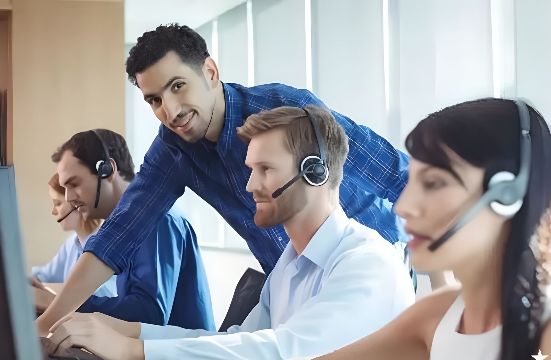 Un equipo de agentes de un centro de llamadas, con auriculares puestos, conversa sobre su trabajo en estaciones de trabajo