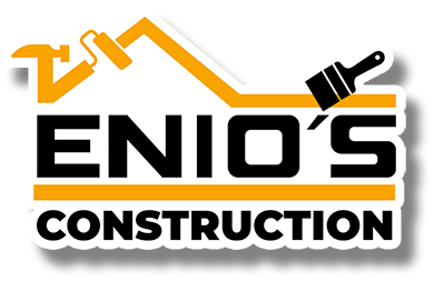 A logo for enio 's construction with a hammer and brush