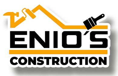 A logo for enio 's construction with a hammer and brush