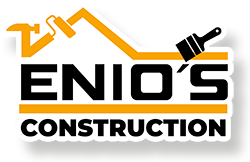 A logo for enio 's construction with a roof and a brush