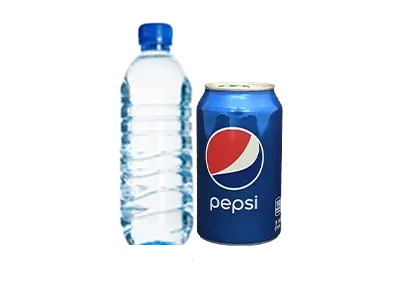 A bottle of water next to a can of pepsi