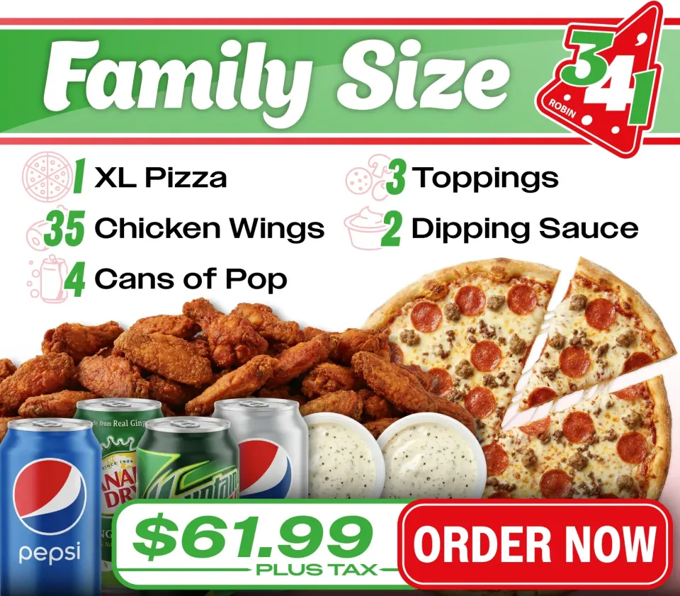 An advertisement for a family size pizza for $ 59.99