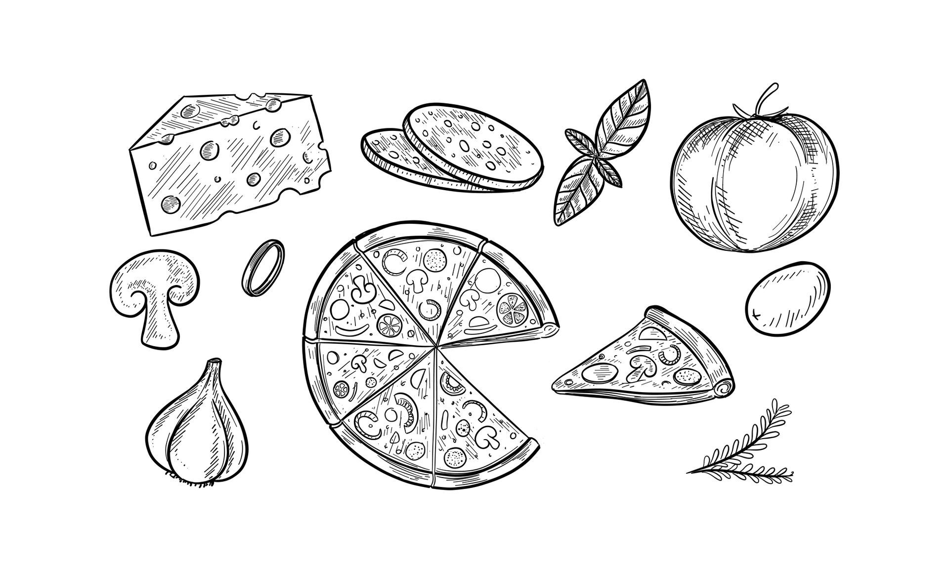 A black and white drawing of pizza , cheese , tomatoes , mushrooms and garlic.