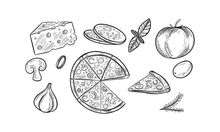 A black and white drawing of pizza , cheese , tomatoes , mushrooms and garlic.