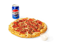 A pizza with a can of pepsi next to it.