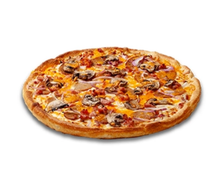 A pizza with bacon , mushrooms and cheese on a white background