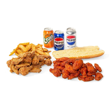 Chicken wings , shrimp , french fries , pepsi and a sub sandwich