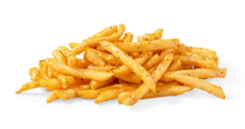 A pile of french fries on a white background.