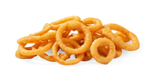 A pile of onion rings on a white background.