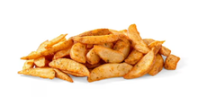 A pile of potato wedges on a white background.