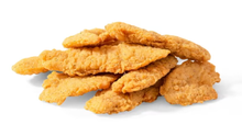 A pile of fried chicken tenders on a white background.