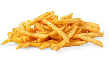 A pile of french fries on a white background.