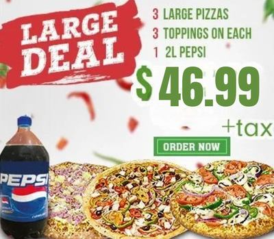 A large pizza deal for $ 49.99 with a pepsi bottle