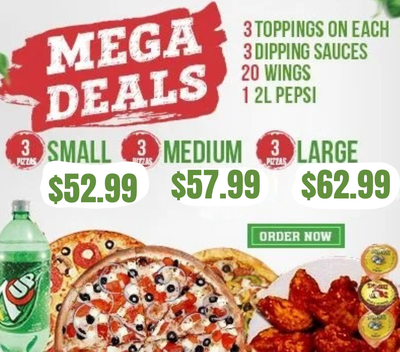 A pizza advertisement that says mega deals on it