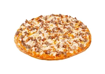 A pizza with sausage and cheese on a white background.