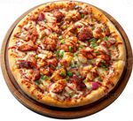 A pizza with chicken and onions on a wooden tray