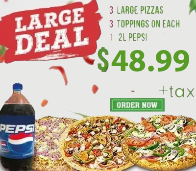 A large pizza deal for $ 49.99 with a pepsi bottle