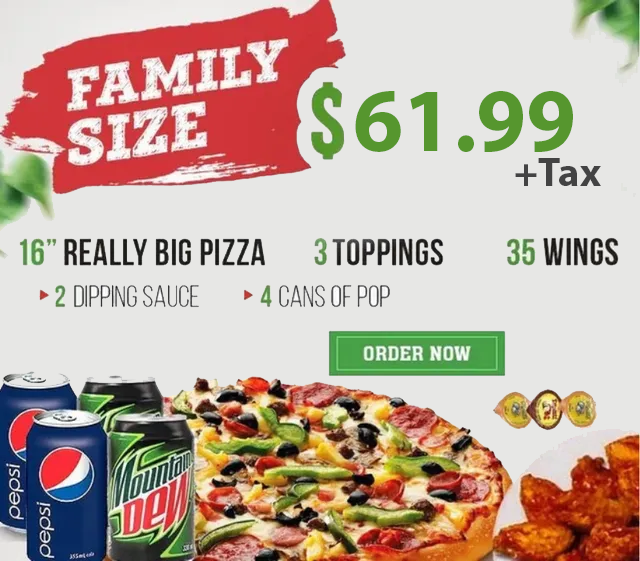 An advertisement for a family size pizza for $ 59.99