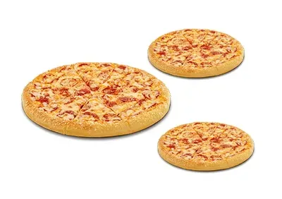Three pizzas are sitting on a white surface.