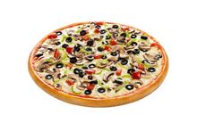 A pizza with mushrooms , olives , peppers , and cheese on a white background.