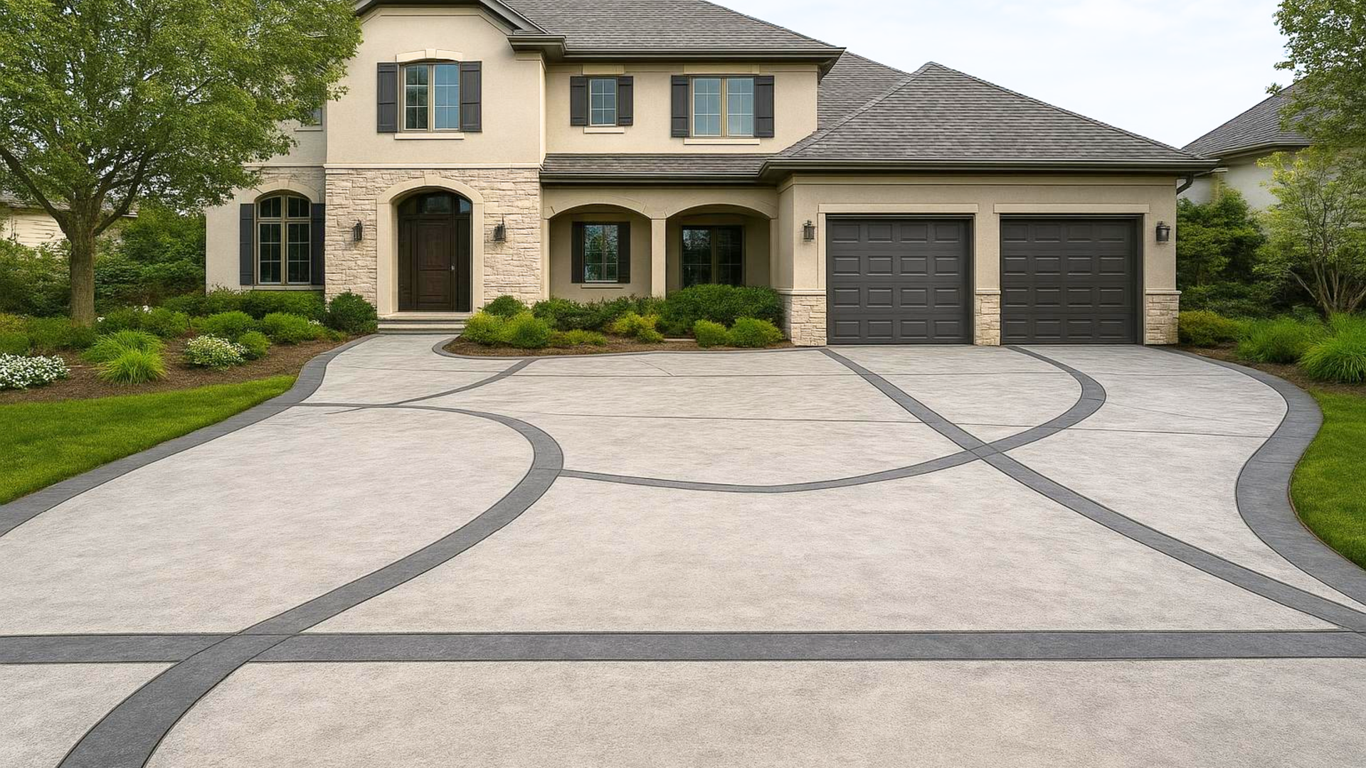 Decorative concrete driveway with custom pattern in front of upscale home in Clark County