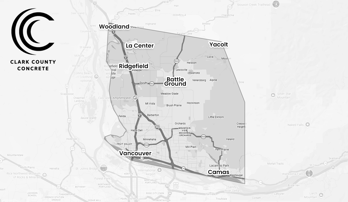 A map of Clark County, Washington, highlighting the service area for Clark County Concrete with key cities labeled.
