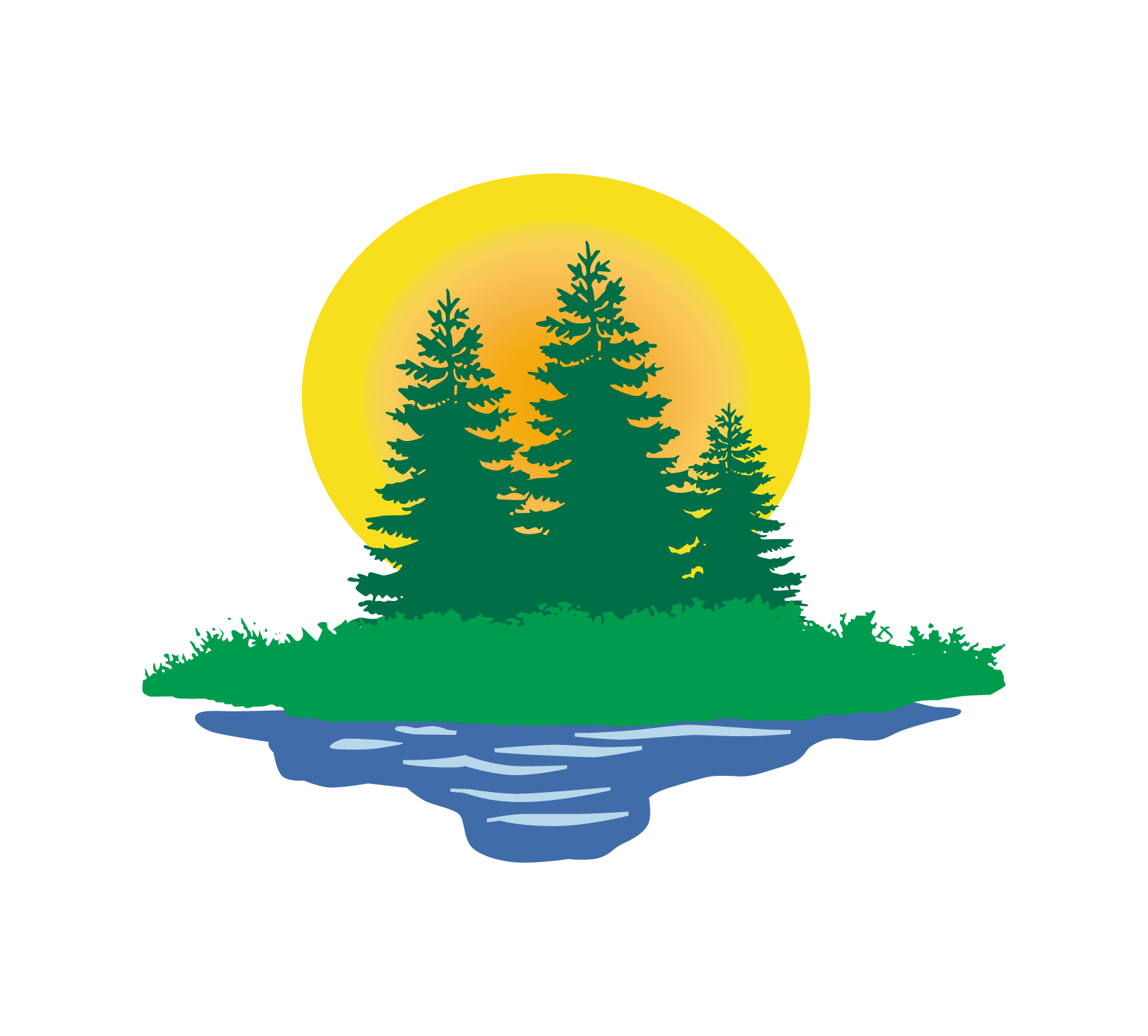 A drawing of a lake with trees and a sun in the background