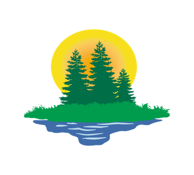 A drawing of a lake with trees and a sun in the background