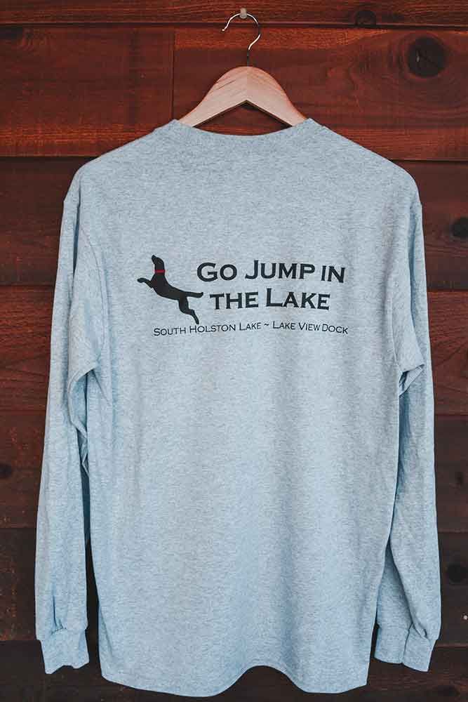 A long sleeve t-shirt that says `` go jump in the lake '' is hanging on a hanger.