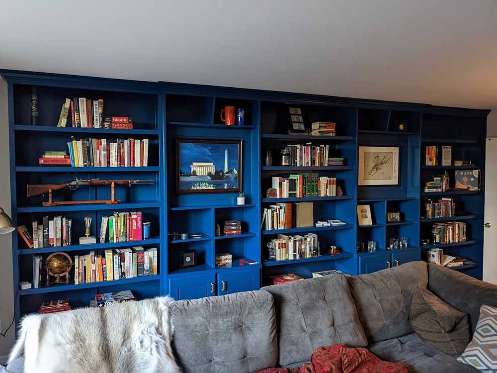 A living room with blue bookshelves and a couch
