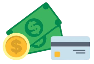 Cash, coin, and credit card, representing payment options.