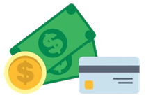 Cash, coin, and credit card representing payment options.