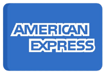 American Express logo, white text on a blue square background.