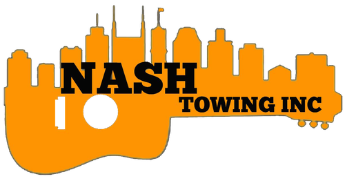 The logo for nash towing inc shows a guitar with a city skyline in the background.